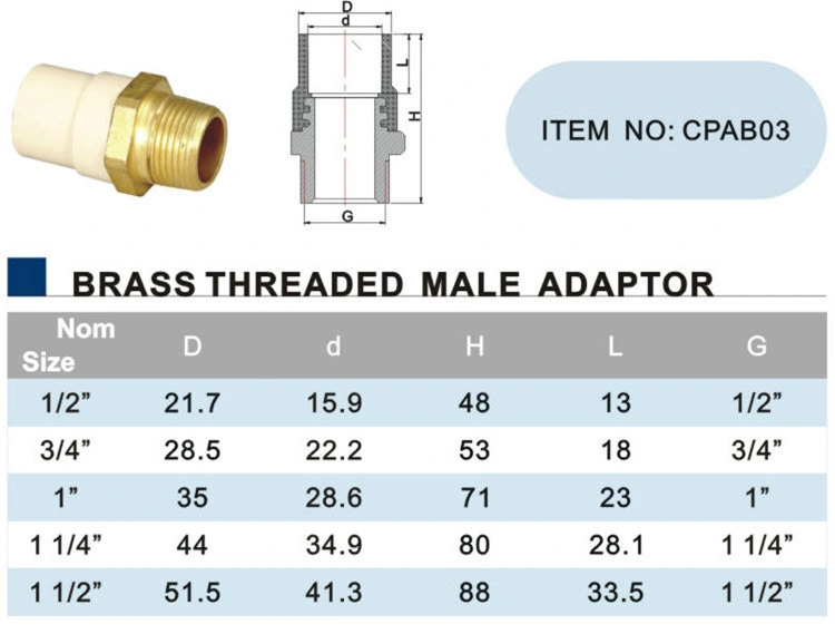 Era Best Delivery NSF CPVC DIN Standard Made in China CPVC Pipes Brass Threaded Male Adadtor